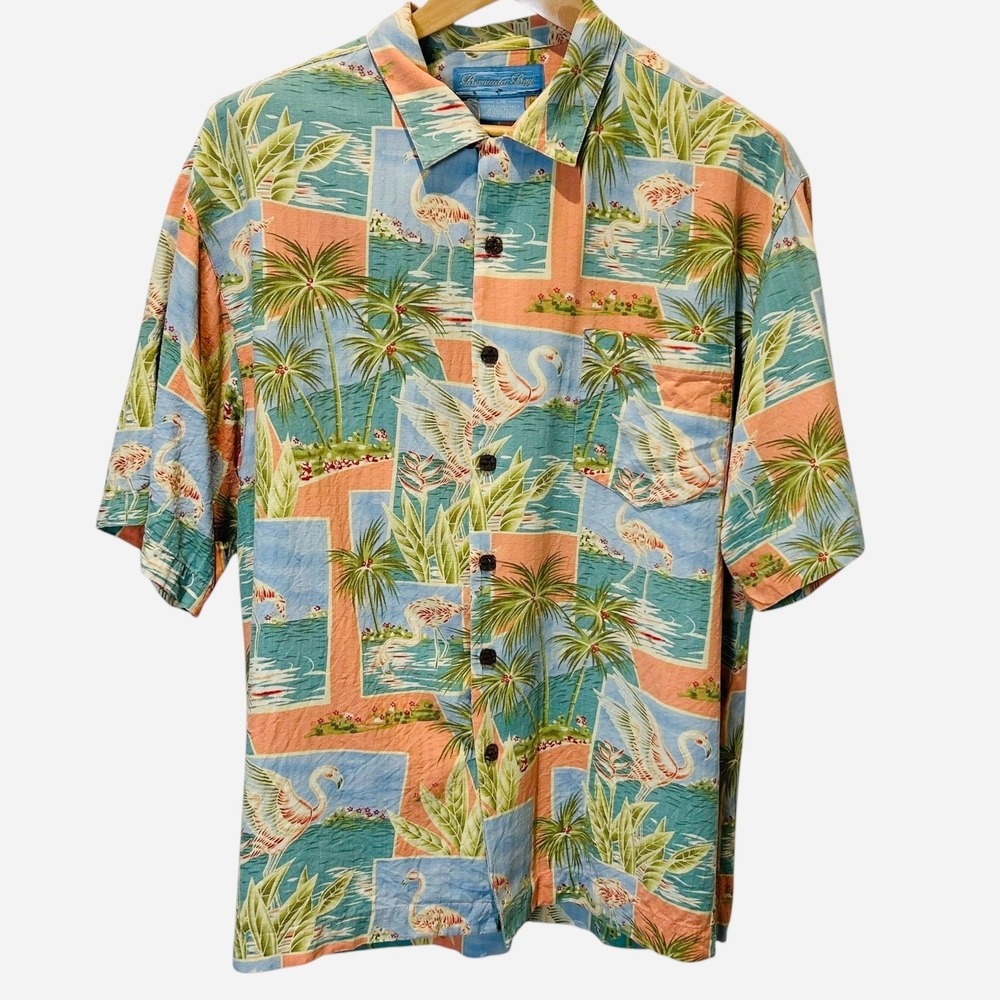 Bermuda Bay Silk Hawaiian Shirt L Flamingo Palm Tree Pastel Vintage Tropical Y2K